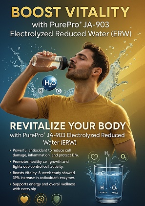 Bald cancer survivor drinking PurePro® JA-903 water, representing anti-cancer benefits and scientific hydration.